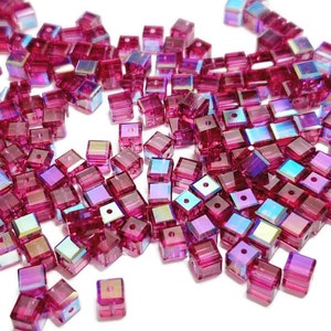 4mm Cube Square Fuchsia AB Swarovski Crystal Article 5601 Beads, 12pcs