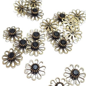 4mm Jet Black Vintage Swarovski Rhinestone Flower Petal Connectors, 4pcs
