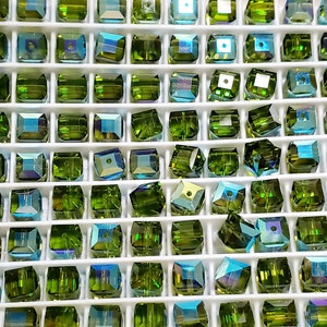 6mm Olivine AB Swarovski Crystal Cube Beads, 6pcs