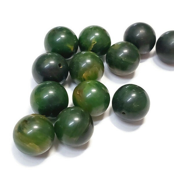 12mm Vintage Green and Yellow Marbled Swirl Bakelite Beads, 6pcs