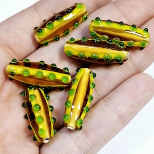 Artisan Handmade Lampowrked Elongated Dotted and Striped Bicone Beads, 2 Pieces