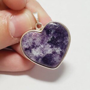 Solid Sterling Silver Genuine Lepidolite Gemstone Heart Shaped Pendant, 1pc