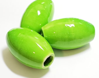 61mm Vintage Handmade Lime Green Ceramic Macrame Large Hole Tube Bead, 1pc
