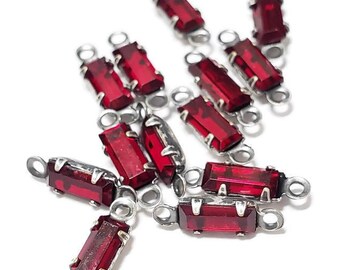 Vintage Siam Swarovski Crystal Rhinestone Rectangle Connectors, 4pcs