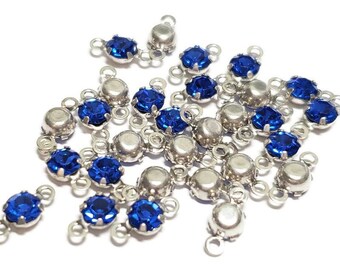 5mm Vintage Silver Plated Sapphire Swarovski Crystal Rhinestone Connectors, 6pcs
