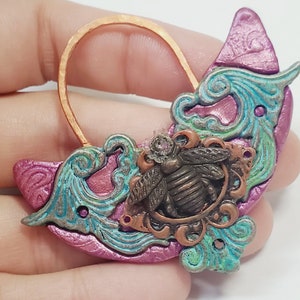Artisan Hand Crafted Mixed Media Purple Green Patina Bee Pendant
