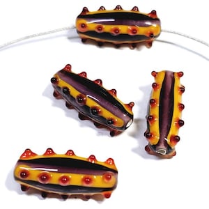 Artisan Handmade Lampowrked Elongated Dotted and Striped Bicone Beads, 2 Pieces
