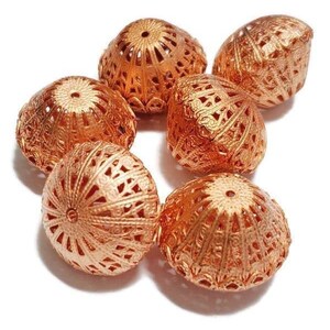 Vintage Bright Copper Metal Filigree Beads, 6pcs
