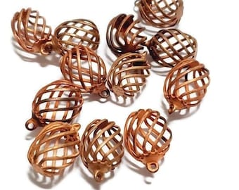Vintage Copper Metal Cage Pendants, 12pcs