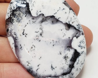 May include: A white and black dendritic agate cabochon with a smooth, polished surface. The agate has a swirling pattern of black dendrites on a white background.