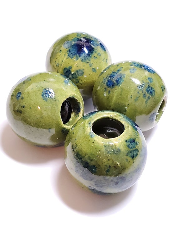 Vintage Handmade Green and Blue Ceramic Macrame Large Hole Bead, 1pc