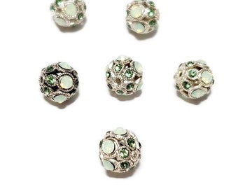 8mm CHRYSOLITE OPAL/ ERNITE Antique Silver Swarovski® Rhinestone Encrusted Balls