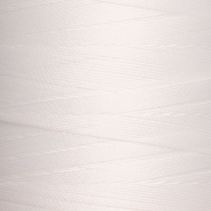 May include: A close-up of a spool of white thread. The thread is wound tightly and has a smooth, even texture.