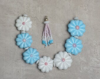 Pink Heart Blue and White Daisy Lampwork Glass bead set