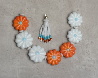 Blue Heart Orange and White Daisy Lampwork Glass bead set