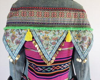Boho Upcycled Denim Jacket | Bohemian | Embellishment | Lightning Bolt | 90's | Festival Jacket | Moto Jacket | Denim Jacket | Paisley