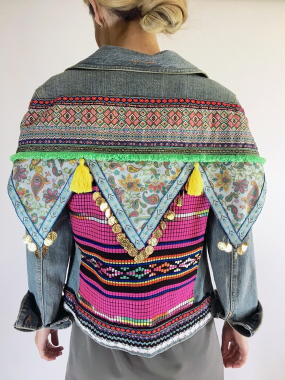 Boho Upcycled Denim Jacket Bohemian Embellishment | Etsy