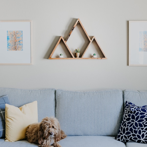 Floating Mountain Shelf Shelves Wood Wooden with Live Edge Oak Walnut Home Organization Decor