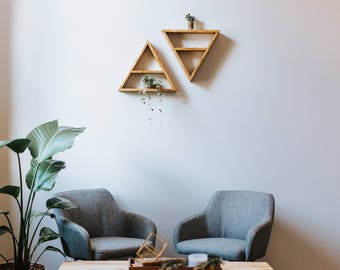 Könnte beinhalten: Zwei dreieckige Holzregale mit Pflanzen an einer weißen Wand, zwei graue Sessel und ein Holz-Couchtisch mit schwarzem Metallgestell.