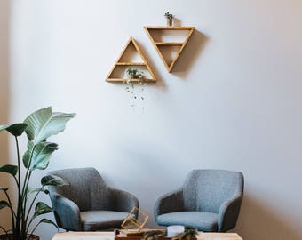 Floating Wooden Triangle Shelf with Divider. Red Oak, White Oak, Black Walnut.