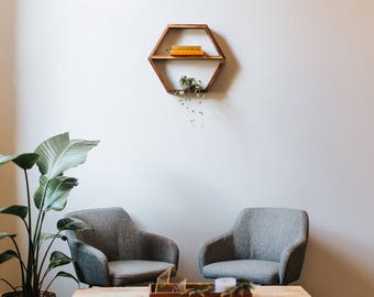 Floating Wood Hexagon Honeycomb Shelf with Divider Walnut Oak