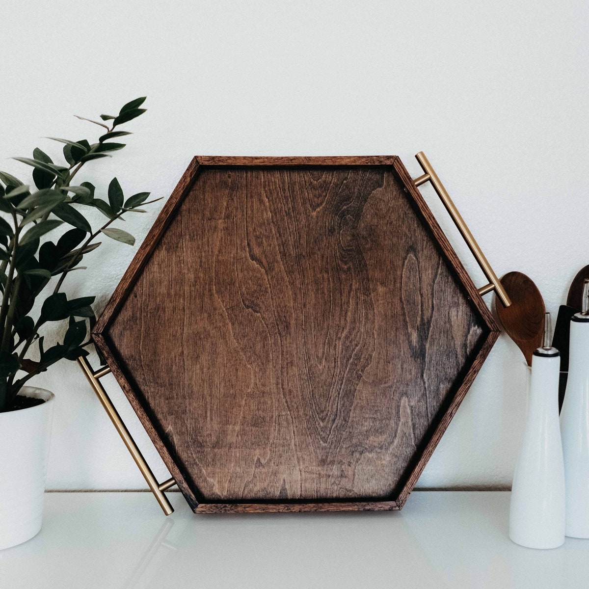 Large Wooden Hexagon Serving Tray for Parties Dining Serving Entertaining