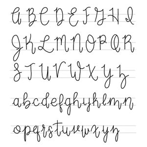 May include: A handwritten alphabet in cursive script, with both uppercase and lowercase letters. The letters are written in black ink on a white background with faint blue lines.
