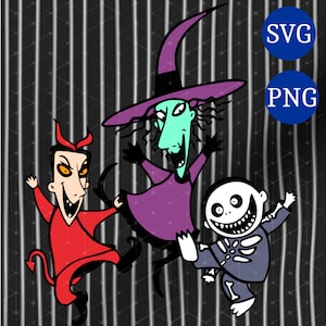 Pode incluir: Uma ilustração digital de três personagens de O Estranho Mundo de Jack. Os personagens são Oogie Boogie, a bruxa e Lock, Shock e Barrel. Os personagens estão todos em uma pose brincalhona, com os braços e as pernas estendidos. O fundo é um padrão de listras pretas e brancas.