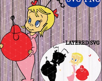 May include: A cartoon illustration of a girl with blonde hair and a red bow holding a red ornament. The girl is wearing a pink dress and has a surprised expression on her face. The image is layered with a black silhouette of the girl and a red ornament.