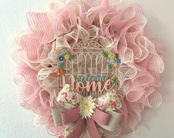 Deco mesh welcome home wreath, pink and ivory ruffle wreath, country wreath, all occasion, shabby chic, spring wreath, summer wreath