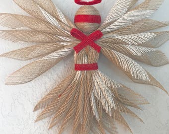 Small rustic deco mesh angel, poly jute angel, angel decor, rustic decor, all occasion angel, wall hanging