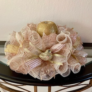 Deco mesh Christmas bird centerpiece, champagne pink and gold, candle ring, holiday table decor, mantle decor, Christmas wreath, birds