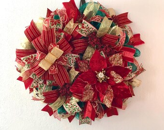 Deco mesh Christmas wreath, poinsettia wreath, red and gold, door decor, holiday decor, wall hanging, Christmas decor, classic   Christmas