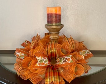 Deco mesh Fall centerpiece, Fall dining room table, Thanksgiving centerpiece, mantle decor, Fall decor, candle ring, Fall leaves