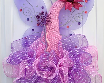 Deco mesh whimsical fairy princess hat wreath, pink and purple, girls bedroom decor, wall hanging, door decor, princess decor