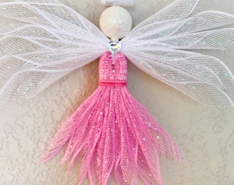 Small deco mesh angel, pink angel, angel decor, baby shower gift, It&#39;s a girl, nursery, baby girl gift, angel gift, gender reveal