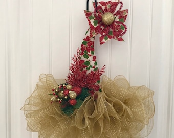 Deco mesh Christmas hat elf wreath, poinsettia wreath, Christmas door decor, gold and red, poinsettia decor, holiday decor