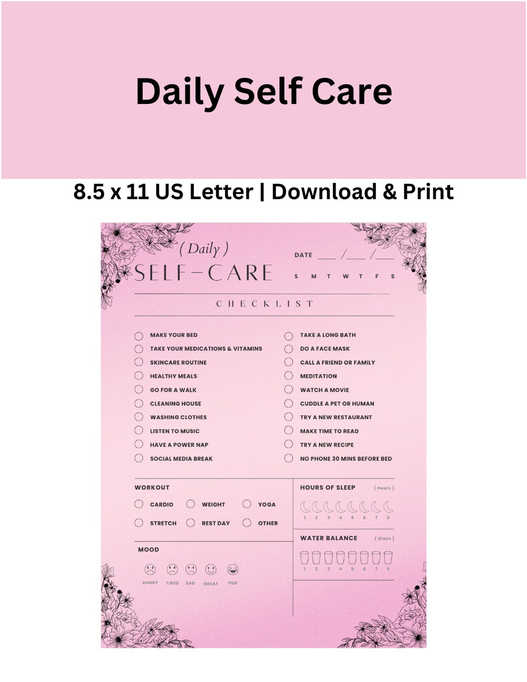 Daily Self Care Planner Download and Print , 1 Printable Page , PDF ...
