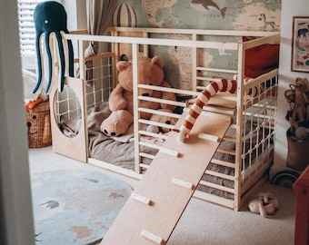 Kids Gym-Bed + SLATS add in OPTIONS, waxed or painted, Montessori bed, floor bed, https://home4dreams.com