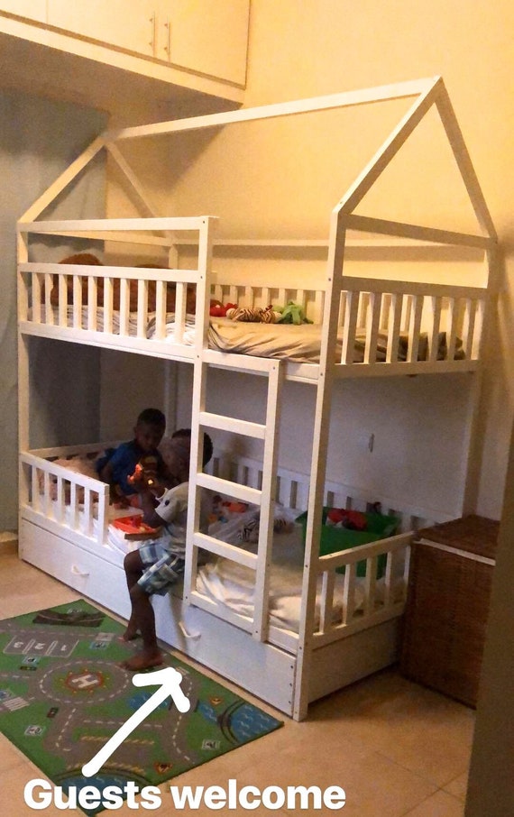 PAINTED with ECO paint bunk bed with trundle, Montessori floor bed, kid bed, wood bed, children home, children bed, kids bedroom, floor bed