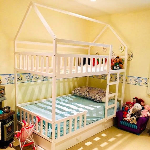 PAINTED with ECO paint bunk bed with trundle, Montessori floor bed, kid bed, wood bed, children home, children bed, kids bedroom, floor bed