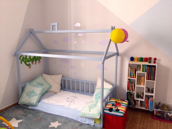 Painted with eco paint toddler house bed with slats, Montessori floor bed, wood bed, children bed, kids bedroom, floor bed