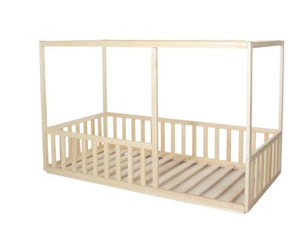 Toddler square bed with slats, Montessori floor bed, kid's bed, wood bed, kid's bedroom , www.home4dreams.com