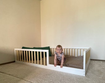 Painted toddler bed with slats , Montessori bed, floor bed, 4 rails www.home4dreams.com