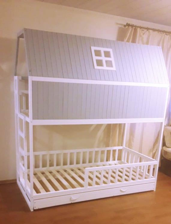PAINTED with ECO paint bunk bed with trundle, Montessori floor bed, kid bed, wood bed, children home, children bed, kids bedroom, floor bed