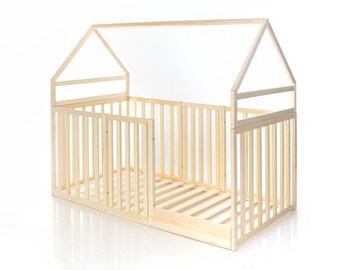 Toddler Floor-House Bed with slats and Door , waxed or painted, Montessori bed, floor bed, https://home4dreams.com