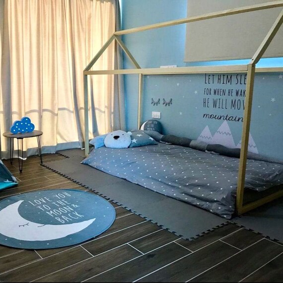 Toddler house bed painted with eco wax. Montessori style bed