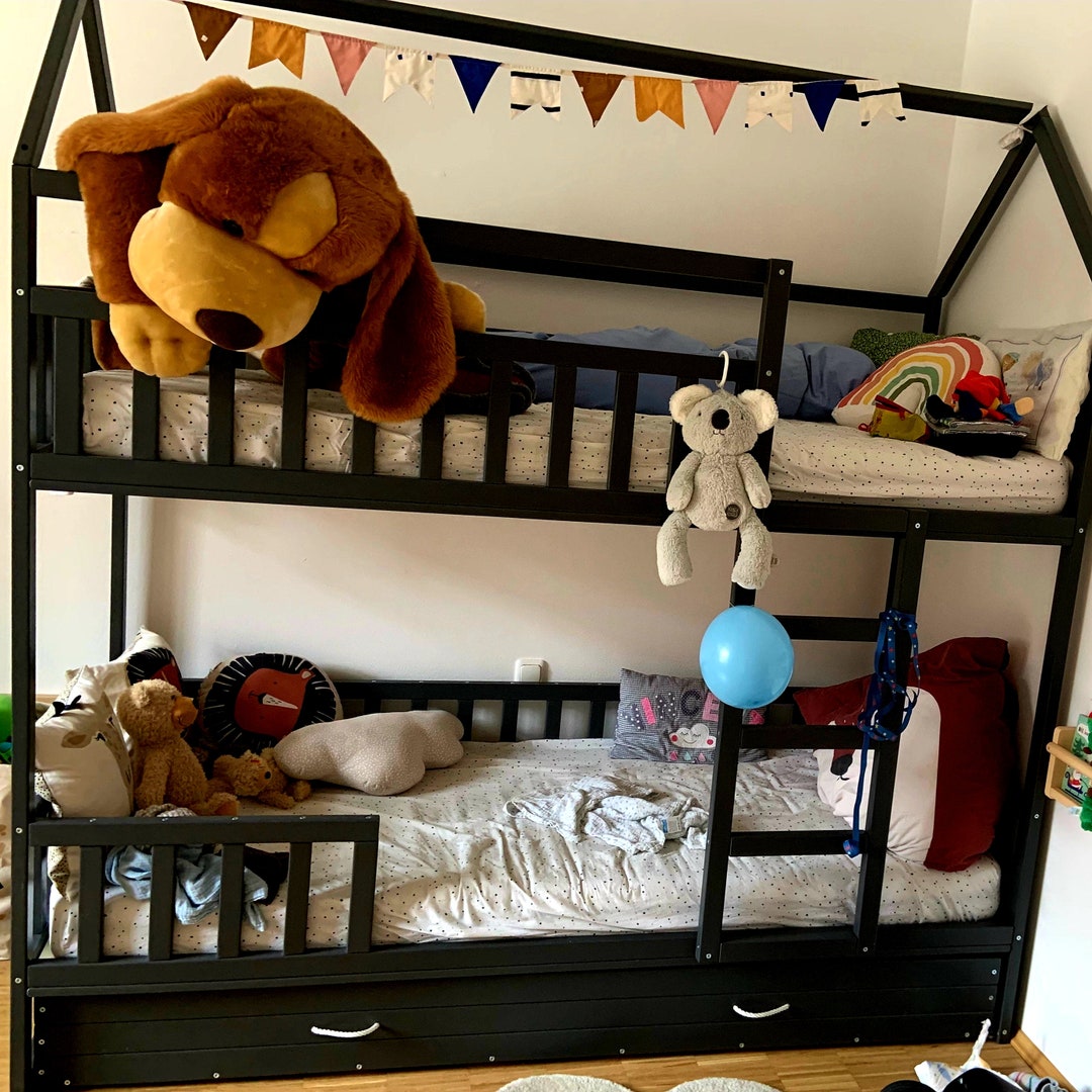 PAINTED With ECO Paint Bunk Bed With Trundle, Montessori Floor Bed, Kid