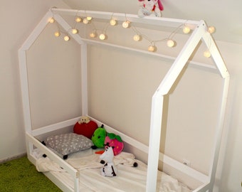 Painted toddler house bed with water based eco paint, Montessori house bed.