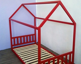 Painted toddler house bed, Montessori floor bed.